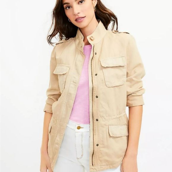NWT LOFT Petite Twill Utility Jacket XS  Desert Dune cotton linen blend - Picture 1 of 12